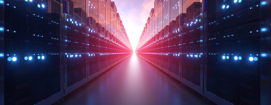 3d rendering of rows of network servers machine farm cloud computing hardware on blue sky background.